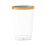 Clear plastic tumblers with an elegant metallic gold rim, 12 oz capacity, round shape, and disposable convenience